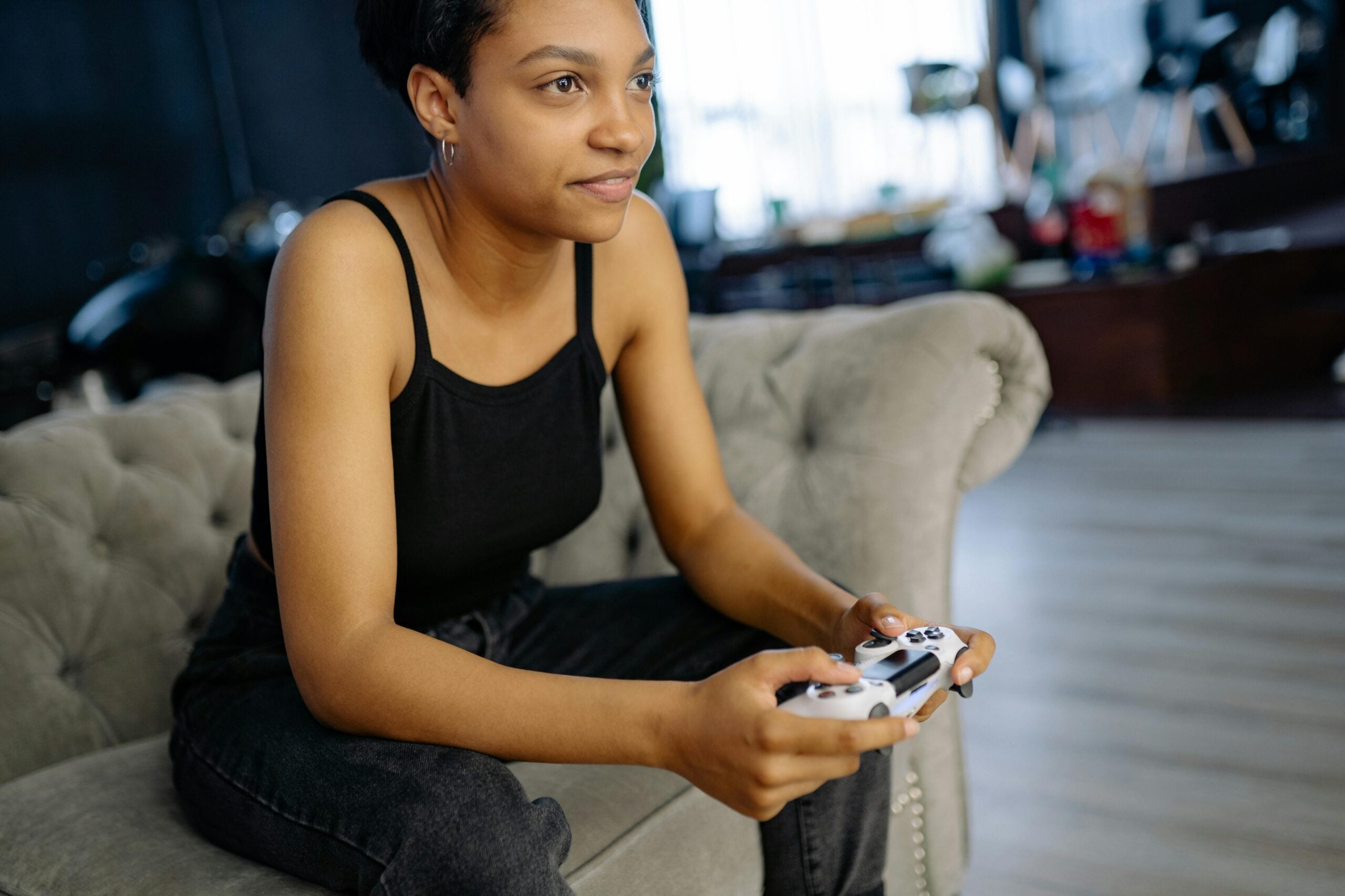 A female gamer playing video games