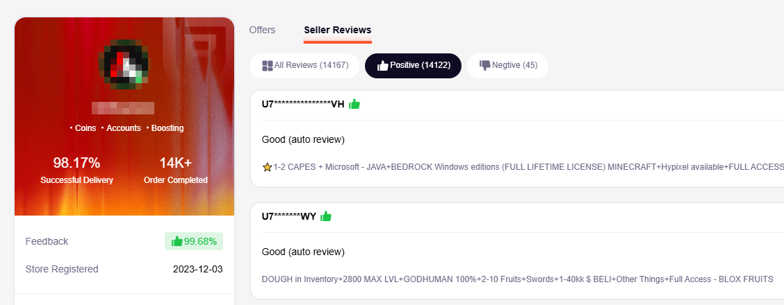 Full display of seller ratings