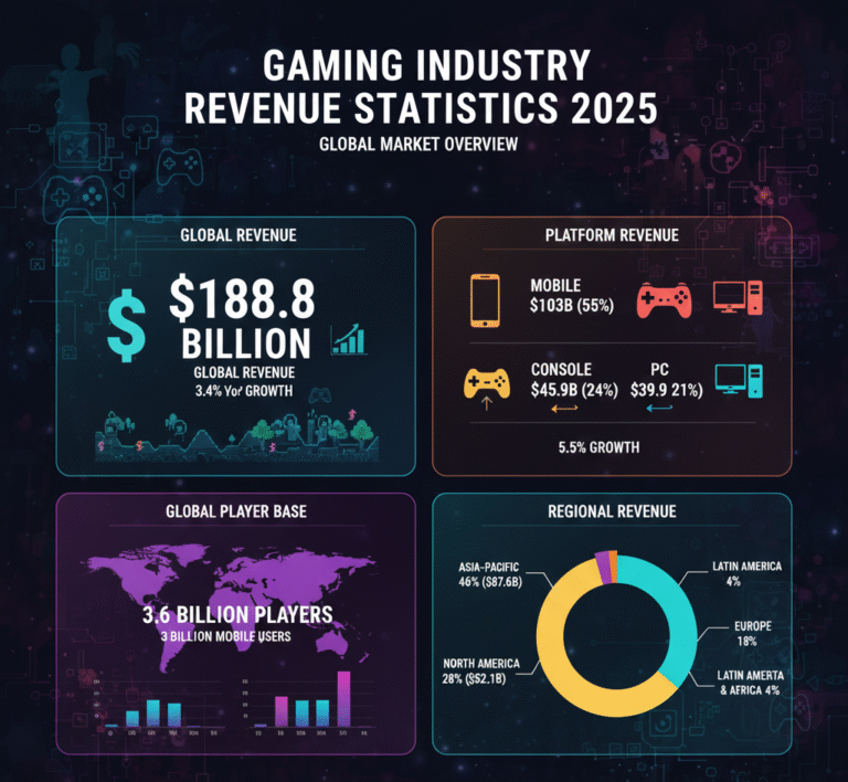 Global gaming industry revenue reached $188.8 billion in 2025 with mobile leading at $103 billion, console at $45.9 billion, PC at $39.9 billion, Asia-Pacific dominating regional revenue at $87.6 billion, and worldwide player base of 3.58 billion users.Retry