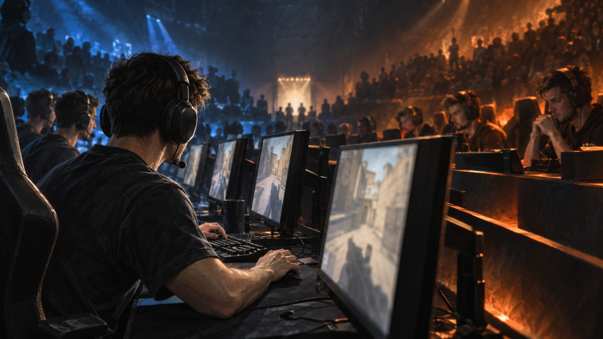 Illustration of opposing esports teams at computers under blue and orange arena lighting