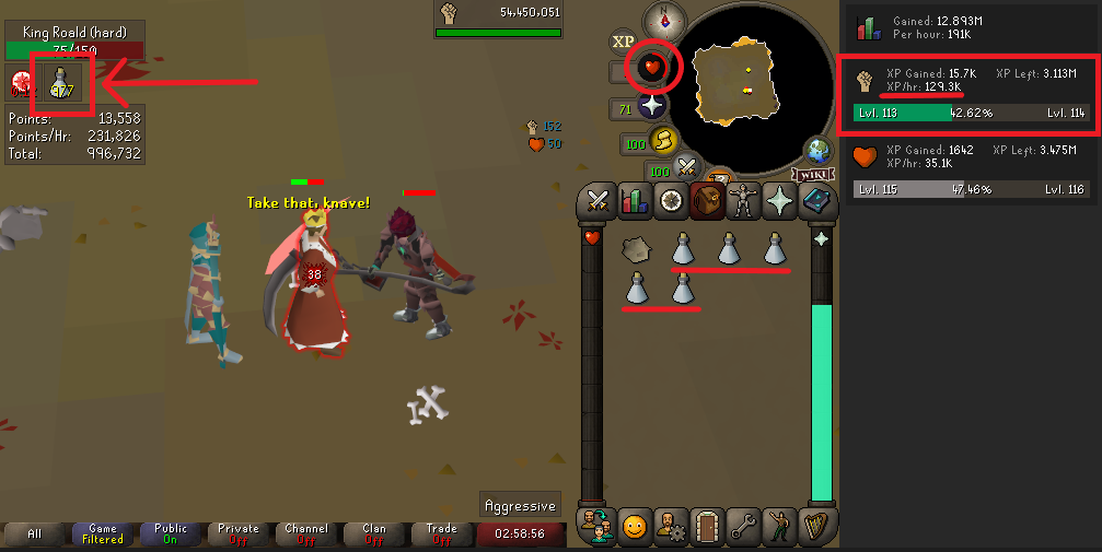 Nightmare Zone absorption setup with the player at 1 HP and a full inventory of potions