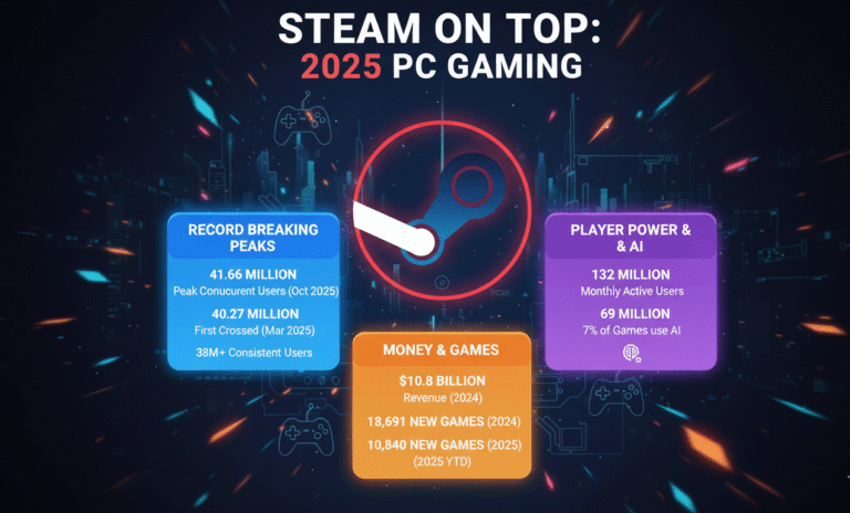 Steam peak concurrent users chart showing growth from 39.34 million in January 2025 to record 41.66 million in October 2025, with monthly fluctuations between 38-42 million users throughout the year.Retry