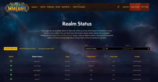 World of Warcraft(WOW) Server Status