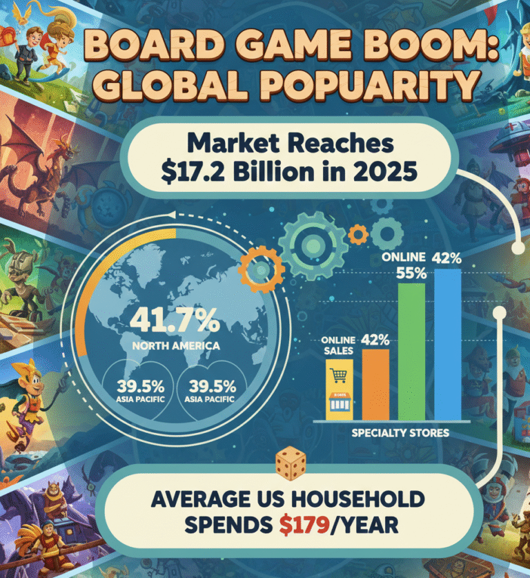 Board game statistics 2025 showing global market at $14.36 billion in 2024 projected to reach $15.82-17.22 billion in 2025 at 10% CAGR, North America leading with 41.7% market share followed by Asia Pacific at 39.5%, strategy games capturing 24% revenue share, US households spending $179 annually, online sales representing 55% of purchases, and 38% Gen Z engagement.